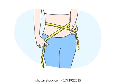 Diet, health, care, measurement, body concept. Young slim woman or girl cartoon character measuring waist for checking girth. Losing weight calorie after dieting and healthy lifestyle illustration.