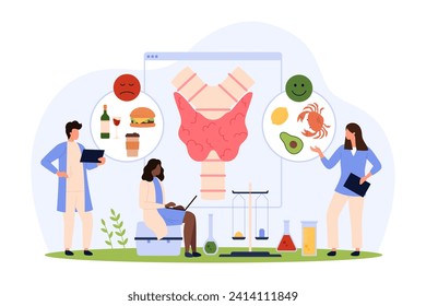 Diet for health of endocrine system. Tiny people talk about fastfood dangers, benefits of healthy food and products with iodine for thyroid gland, choose nutrition menu cartoon vector illustration