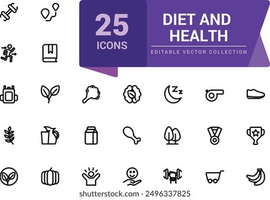 Diet And Health icon collection. Set of line icons related to wellness, wellbeing, healthcare, medical. Minimalist linear web ui icon set. Simple editable vector stroke illustration.