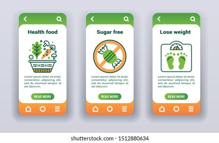 Diet and health lifestyle on mobile app onboarding screens. Line icons, health food, sugar free, lose weight. Banners for website and mobile kit development. UI/UX/GUI template.