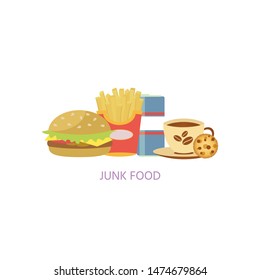 Diet. Healthy eating concept. junk food icons isolated on white background.  Daily ration. Proteins, fats, carbohydrates. Vector  illustration