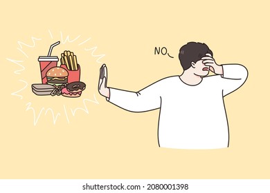 Diet and healthy eating concept. Young man standing and saying no to fast food burgers french fries and drink vector illustration 