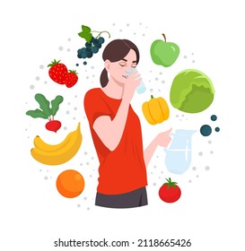 Diet or healthy food abstract concept. Woman surrounded by vegetables, fruits, berries and delicious foods with vitamins. Female character vegetarian drinking water. Cartoon flat vector illustration