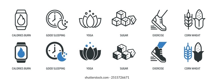Diet healthy life line and glyph solid icons collection. Minimal icon and symbol series vector illustration