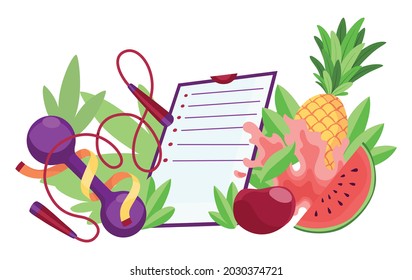 Diet healthy lifestyle banner template. Sports equipment and healthy food with checklist. Concept of proper nutrition and weight management. Diet plan on a notebook