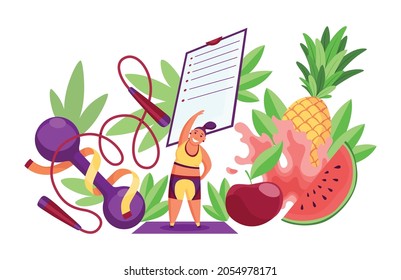 Plantilla de banner de estilo de vida saludable para dieta. Equipo deportivo y comida saludable con lista de verificación. Concepto de nutrición adecuada y manejo de peso. Plan de dieta en un cuaderno