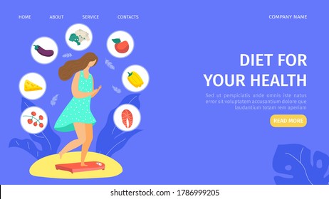 Diet for healthy lifestyle vector illustration for landing page template. Health, keto diet and nutrition for dieting women, organic vegetables ad fish. Natural vitamins and dietary programs online.