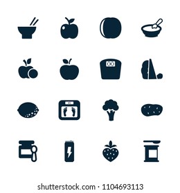 Diet icon. collection of 16 diet filled icons such as cauliflower, baby food, porridge, floor scales, asian food, strawberry, apple. editable diet icons for web and mobile.