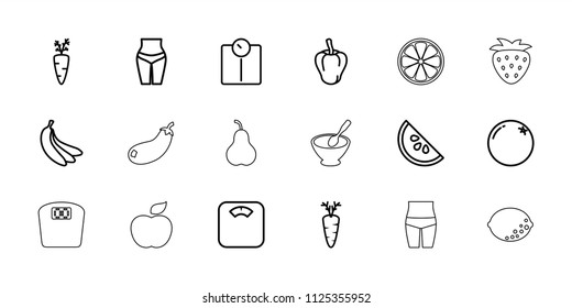 Diet icon. collection of 18 diet outline icons such as orange, pepper, floor scales, waist fitness, carrot on fork, floor scale. editable diet icons for web and mobile.