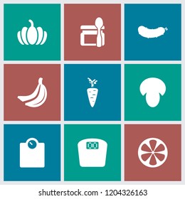 Diet icon. collection of 9 diet filled icons such as mushroom, pumpkin, lemon, floor scale, banana, baby food, cucumber, floor scales. editable diet icons for web and mobile.