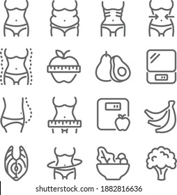 Diet icon illustration vector set. Contains such icons as Body, Diet, Skinny, Fat, Weight loss, Overweight, Fitness, and more. Expanded Stroke
