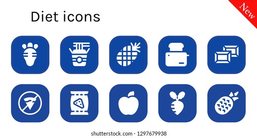  diet icon set. 10 filled diet icons. Simple modern icons about  - Radish, Noodles, Pineapple, Toaster, Chocolate, No fast food, Chips, Apple, Turnip