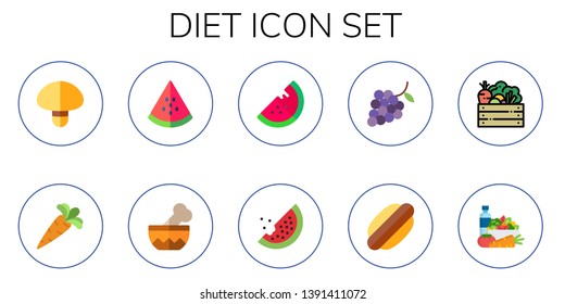 diet icon set. 10 flat diet icons.  Simple modern icons about  - mushroom, carrot, watermelon, bowl, grapes, hot dog, vegetables