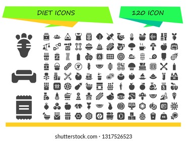 diet icon set. 120 filled diet icons.  Simple modern icons about  - Radish, Powder, Gym, Protein, Mushroom, Pot, Abs, Lemonade, Lettuce, Dairy, Bananas, Mortar, Apple, Sauces