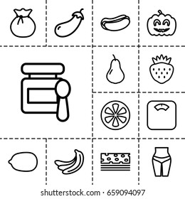 Diet icon. set of 13 outline dieticons such as pear, banana, eggplant, baby food, lemon, hot dog, strawberry, lemon, pumpkin haloween, sack, floor scales, waist fitness
