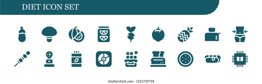diet icon set. 18 filled diet icons.  Simple modern icons about  - Aubergine, Mushroom, Watermelon, Lemonade, Turnip, Coconut, Pineapple, Toaster, Fitness, Vegetables, Weight