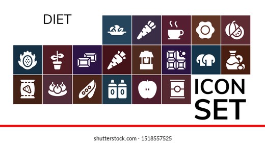 diet icon set. 19 filled diet icons.  Collection Of - Mushroom, Dragon fruit, Chips, Bitterballen, Pea, Sauces, Apple, Tomato, Pot, Chocolate, Carrot, Well, Olive, Fried egg icons