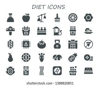 diet icon set. 30 filled diet icons.  Simple modern icons about  - Sugar, Weights, Cupcake, Mangosteen, Fried egg, Mushroom, French fries, Carrots, Juice, Chocolate, Salad