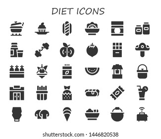 diet icon set. 30 filled diet icons.  Simple modern icons about  - Pot, Cupcake, Hot dog, Salad, Baby food, Pots, Diary product, Barbell, Apple, Coconut, Chocolate, Mushroom, Carrots