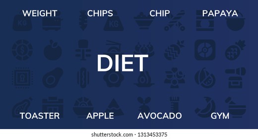 diet icon set. 32 filled diet icons. on blue background style Simple modern icons about  - Weight, Chips, Chip, Papaya, Toaster, Apple, Avocado, Gym, Radish, Exercise, Hot dog