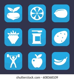 Diet icon. set of 9 filled diet icons such as potato, beet, Banana, Lemon, apple, raspberry, lemon, power lifter
