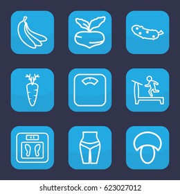Diet icon. set of 9 outline diet icons such as mushroom, beet, treadmill, floor scales, cucumber, carrot, banana