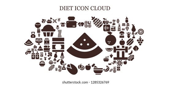  diet icon set. 93 filled diet icons. Simple modern icons about  - Watermelon, Mushroom, Guacamole, Toaster, Chocolate, Pineapple, Apple, Mortar, Pistachio, Bowl, Weight, Calcium