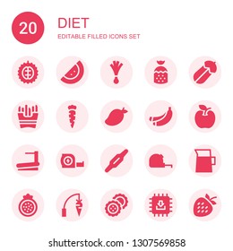 diet icon set. Collection of 20 filled diet icons included Durian, Watermelon, Leek, Strawberry, Courgette, French fries, Carrot, Mango, Banana, Apple, Treadmill, Measuring tape