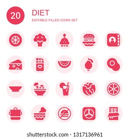 diet icon set. Collection of 20 filled diet icons included Tomato slice, Broccoli, Cupcake, Hamburguer, Apple, Cheese, Chocolate bar, Watermelon, Guava, Avocado, Bowl, Salad, Lemonade