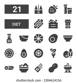 diet icon set. Collection of 21 filled diet icons included Bowl, Peanut, Chocolate, Salad, Cucumber, Coconut, Tomato slice, Avocado, Fried egg, Mint, Sauce, Asparagus, Fruit box