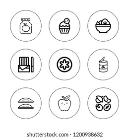 Diet icon set. collection of 9 outline diet icons with apple, chocolate, cupcake, fruit, lemon, nuts, pattern weight, peas icons. editable icons.
