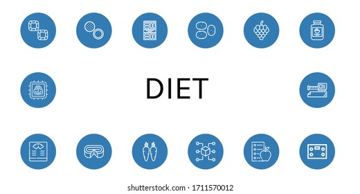 diet icon set. Collection of Chocolate, Rambutan, Snack, Potato, Grapes, Mayonnaise, Bathroom scale, Cheese, Carrot, Packet, Diet, Chip, Measure tape icons