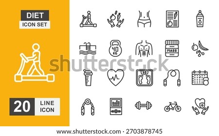 Diet icon set. Jogging, supplement, meditation, health care, bicep, training and more line icon.