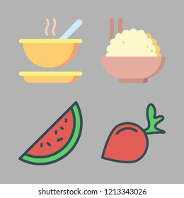 diet icon set. vector set about watermelon, radish, rice and soup icons set.