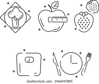 Juego de iconos de dieta, vector de dieta, iconos vectoriales, frutas y verduras, manzana, peso suelto, icono vegetal, brócoli, placa