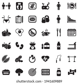 Diet-Symbole. Schwarzes Flachdesign. Vektorgrafik.
