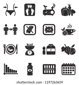 Diet Icons. Black Scribble Design. Vector Illustration.
