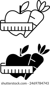 Diet icons. Black and White Vector Icons. Apple, Carrot, and Waist Measuring Tape. Healthy Eating. Healthy Lifestyle Concept
