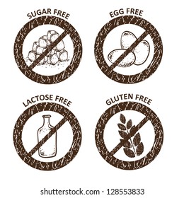 Diet icons. Gluten free, lactose free, sugar free and egg free