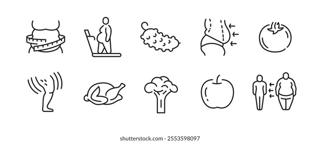 Diet icons. Set of 10 diet and healthy food minimal icons. Examples: cucumber, tomato, healthy body, diet, meat, apple. For use in health education. Vector illustration