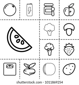 Diet icons. set of 13 editable outline diet icons such as mushroom, strawberry, potato, orange, beet, cauliflower, baby food, apple, floor scales, watermelon, peach