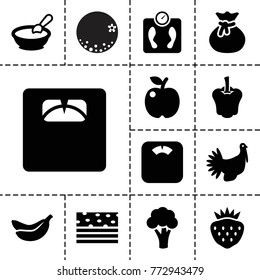 Diet icons. set of 13 editable filled diet icons such as cauliflower, porridge, sack, apple, floor scales, piece of cake, strawberry, turkey, orange, pepper, banana