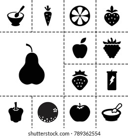 Diet icons. set of 13 editable filled diet icons such as strawberry, apple, porridge, protein powder, raspberry, lemon, carrot, orange, pear
