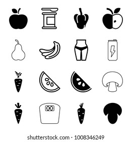Diet icons. set of 16 editable filled and outline diet icons such as mushroom, carrot, pepper, waist fitness, watermelon, banana, protein powder, apple, pear