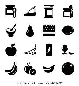 Diet icons. set of 16 editable filled diet icons such as orange, pear, baby food, apple, boiled egg, protein powder, treadmill, banana, porridge, banana, lemon, piece of cake