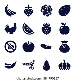 diet icons set. Set of 16 diet filled icons such as potato, pear, peas, cabbage, apple, Banana, cucumber, strawberry, pumpkin, turkey, no fast food, banana, watermelon