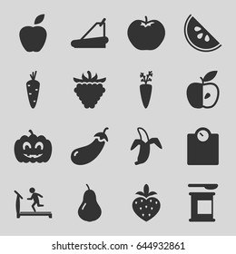 Diet icons set. set of 16 diet filled icons such as carrot, pear, eggplant, apple, treadmill, raspberry, banana, strawberry, pumpkin haloween, watermelon, protein powder