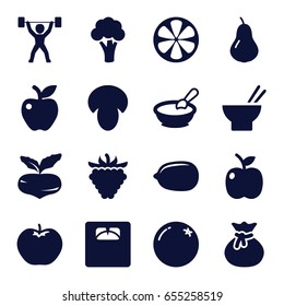 Diet icons set. set of 16 diet filled icons such as mushroom, orange, pear, beet, apple, cauliflower, porridge, lemon, asian food, raspberry, floor scales, lemon, power lifter