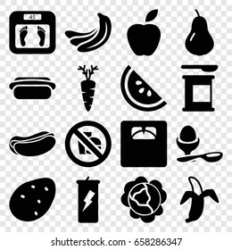 Diet icons set. set of 16 diet filled icons such as potato, pear, banana, cabbage, floor scales, hot dog, boiled egg, carrot, no fast food, watermelon, apple