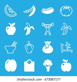 Diet icons set. set of 16 diet filled and outline icons such as peach, cauliflower, hot dog, apple, banana, peas, pepper, treadmill, asian food, watermelon, power lifter, sack